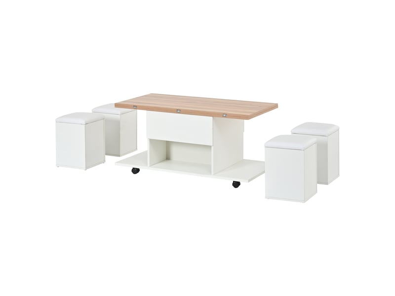  Table basse relevable multifonction blanche et bois, transformable en table à manger avec 4 poufs et rangement, 100x100x63.5cm  - Conforama A
