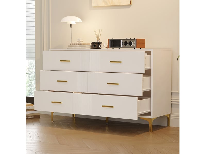  Commode 6 tiroirs 120 x 40 x 76 cm, surface rainurée élégante, mdf, blanc, pieds surélevés anti-humidité  - Conforama D