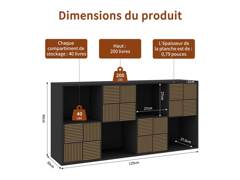 Bibliothèque - 125 x 30 x 60 cm - blanc ivoire - meuble de rangement avec portes à effet lattes et niches - meuble tv ou étagère polyvalent - Conforama B