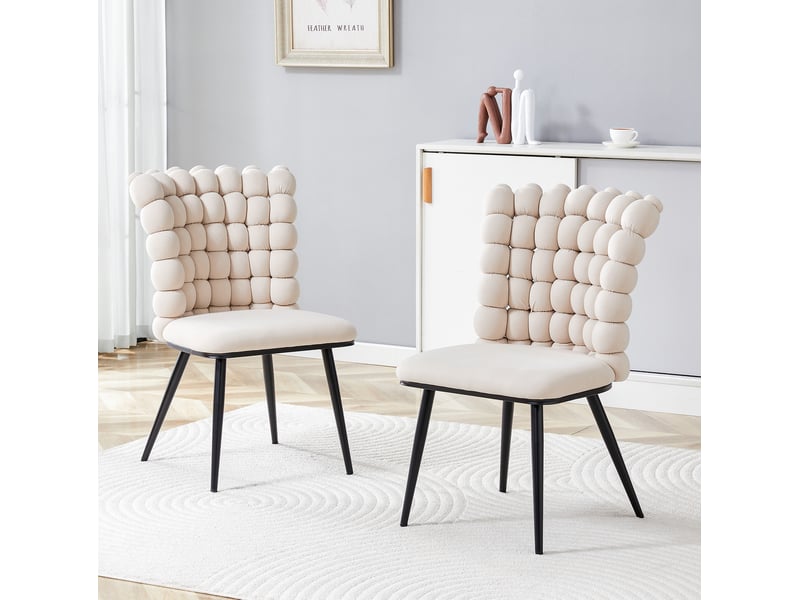  Lot de 2 chaises 54x48x88 cm style contemporain confortable velours blanc cassé, dossier perlé, pieds métal noir  - Conforama D