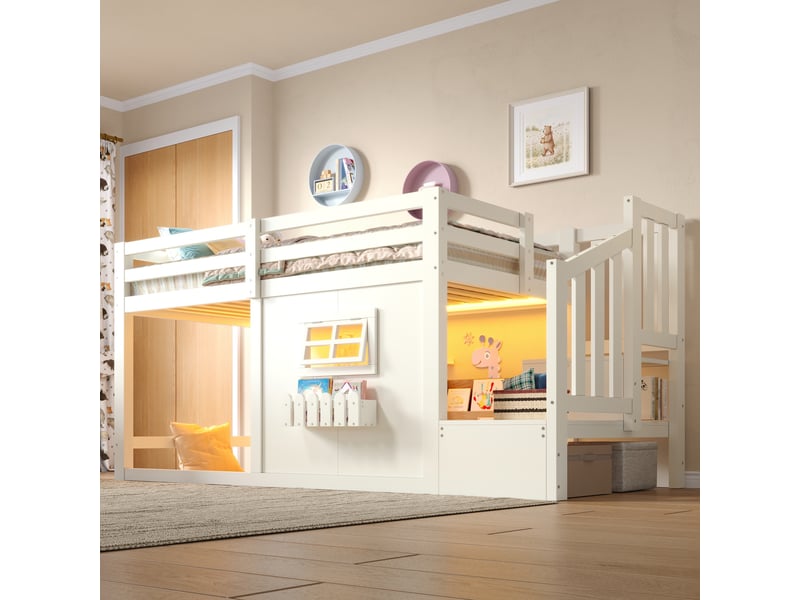  Lit mezzanine enfant simple 90×200 cm avec escalier de rangement et led réglable - okmyhome- blanc, sans matelas  - Conforama B