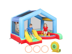 Château gonflable 4 en 1, aire de jeux avec souffleur, toboggan, piscine à balles, jeu de lancer d'anneaux, multicolore