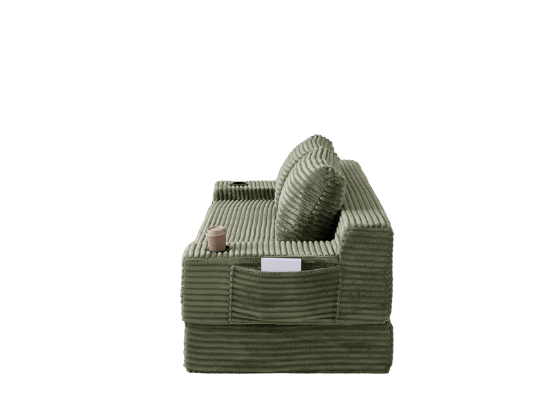  Canapé droit convertible 2 places en velours côtelé vert avec porte-gobelets et poches de rangement latérales  - Conforama D