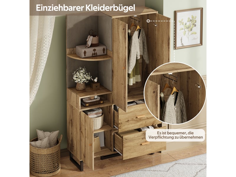  Armoire d'entrée 110x38x186 cm - vestiaire avec panneau rembourré, penderie, 2 tiroirs, rangement chaussures  - Conforama D