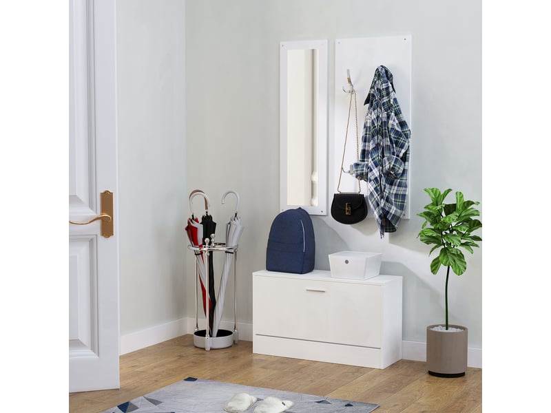  Ensemble de 3 meubles d'entrée en bois comprenant un porte-chaussures, un porte-manteau et un miroir, 80 x 27 x 46,5 cm - blanc  - Conforama C