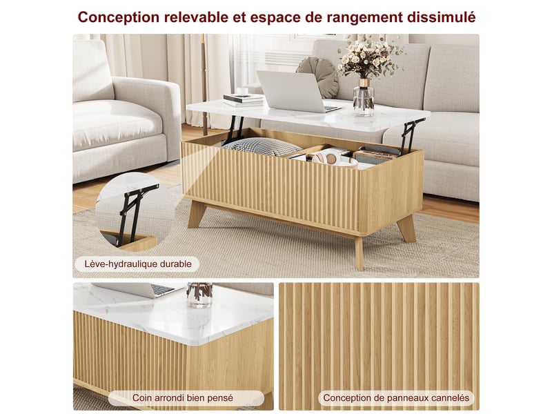  Table basse relevable avec rangement effet marbre blanc et bois clair  - Conforama R