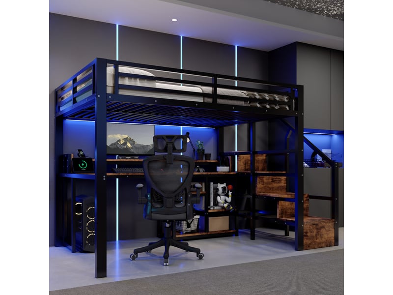 Lit mezzanine 140x200 cm, structure en métal et bois, coloris noir, rangements intégrés, éclairage led, ports usb et usb-c, échelle fixe, garde-corps - Conforama B