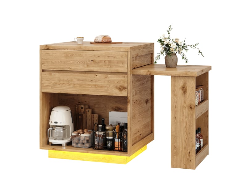  Îlot de cuisine extensible 122 à 194,5 cm, 4 tiroirs, éclairage led rgb, coloris naturel  - Conforama A