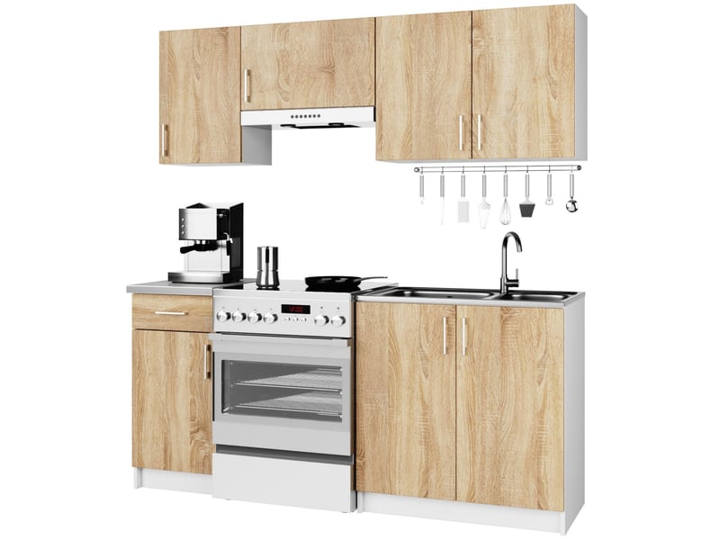 Ensemble de cuisine akord lima 1.8m blanc 180 cm 7 portes 1 tiroir façade chêne sonoma 8 étagères 180x44,5x203 cm LIMA 1.8m - Conforama B
