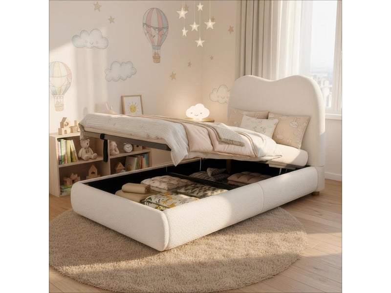  Lit enfant 90x200 cm, lit simple avec coffre de rangement hydraulique et tête de lit en velours, sans matelas - beige  - Conforama B