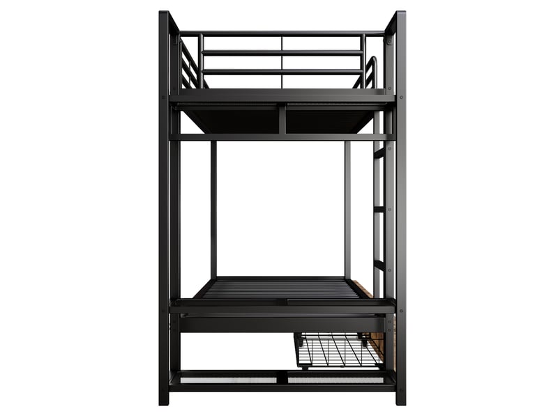 Lit superposé avec 2 tiroirs, étagères, led et penderie, métal noir, 90x200 cm, sans matelas - Conforama E