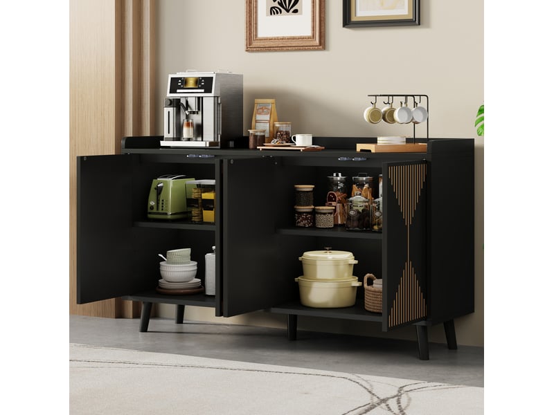  Buffet et enfilade avec 4 portes, étagères réglables et niche ouverte, pour cuisine et salon, noir, 140 × 40 × 84 cm  - Conforama B