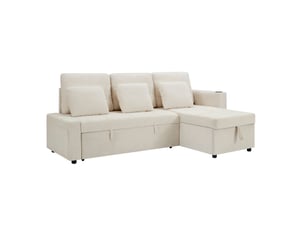 Canapé d'angle droit convertible <strong>REDOM</strong> <strong></strong> 3 places Tissu beige avec coffre de rangement