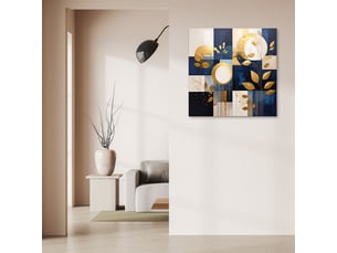 Toile imprimée, abstraction cercles feuilles bleu et or 20x20
