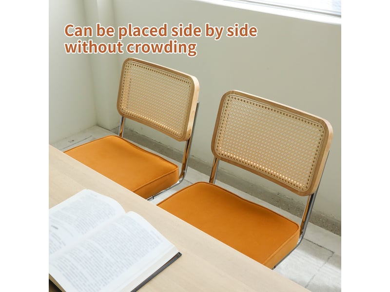  Lot de 2 chaises de salle à manger cantilever –50 x 56.9 x 85.9cm – dossier cannage en rotin &amp; assise velours – structure métal chromé - orange  - Conforama D