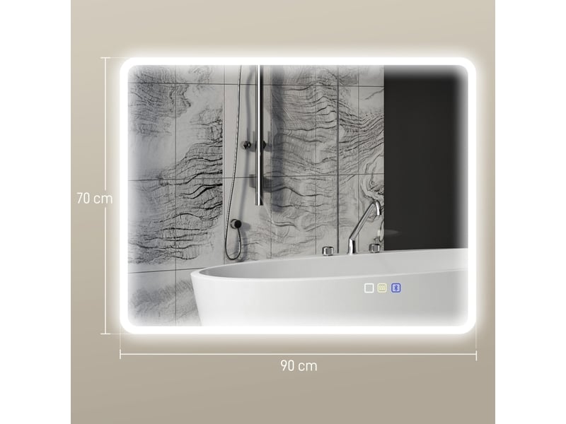  Miroir de salle de bains led 90 x 70 cm argenté en verre trempé, bluetooth, 3 couleurs, anti-buée avec mémoire  - Conforama C