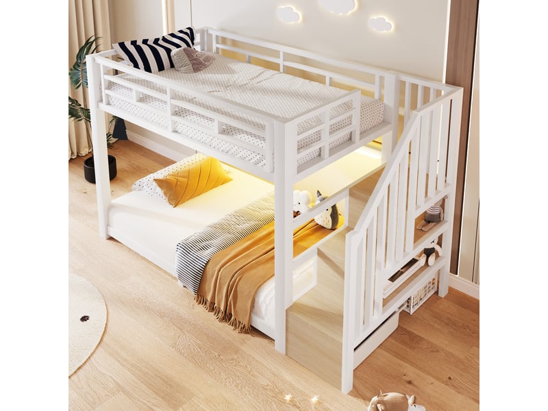 Lit superposé 90x200 cm, lit enfant avec escalier rangement, 3 niches, led via application, garde-corps, métal (sans matelas), blanc CozyNest - Conforama E