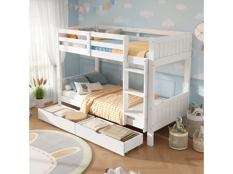 Lit superposé enfant 90x200cm séparable en 2 lits simples, avec échelle, garde-corps et 2 grands tiroirs de rangement, pin et mdf, blanc evarich - Conforama B