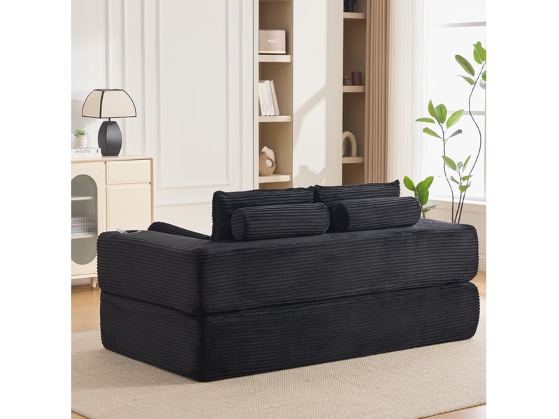  Canapé droit convertible 2 places en velours côtelé noir, avec poches latérales et porte-gobelet intégré  - Conforama E