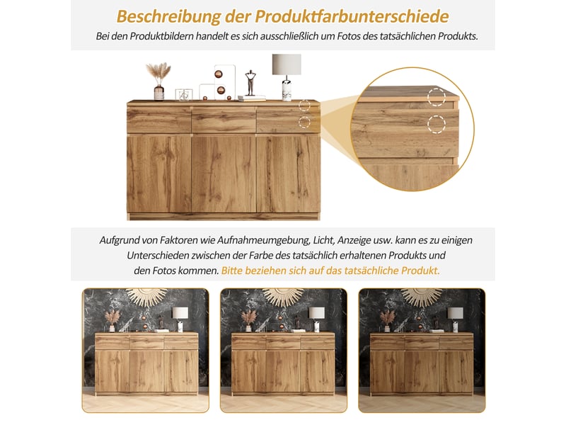  Buffet 135x40x81 cm, meuble de rangement cuisine avec 3 portes et 3 tiroirs, bois naturel  - Conforama E