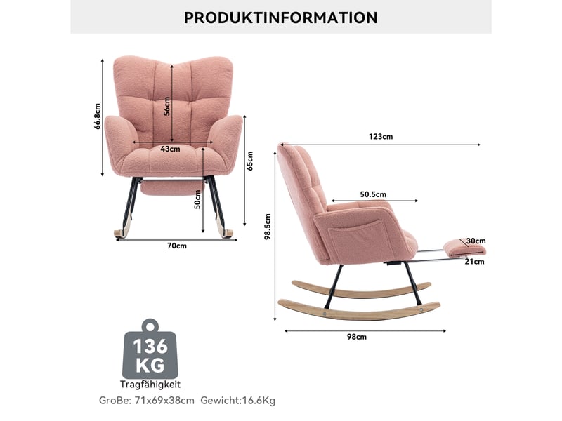  Fauteuil à bascule moderne rembourré en tissu teddy avec repose-pieds, rose  - Conforama C
