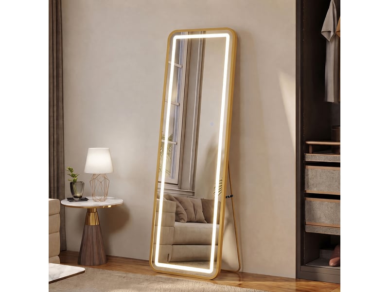  Miroir led pleine longueur 150x40 cm,miroir mural, éclairage 3 couleurs ,verre trempé, cadre aluminium doré  - Conforama B