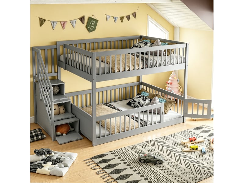  Lit superposé 140x200 cm gris avec escalier à tiroirs et barrières de sécurité  - Conforama E