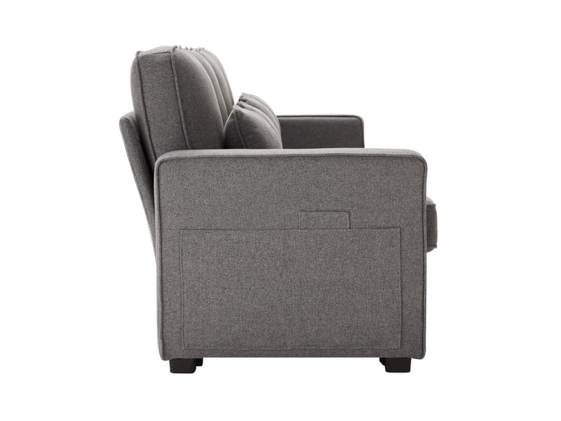  Canapé 4 places 290x83x88 cm avec console, 2 porte-gobelets et 2 ports usb en tissu aspect lin gris foncé  - Conforama A