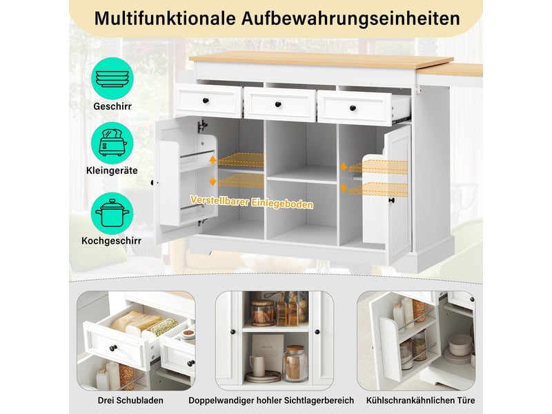  Îlot de cuisine sur roulettes avec plan de travail extensible blanc et naturel  - Conforama E