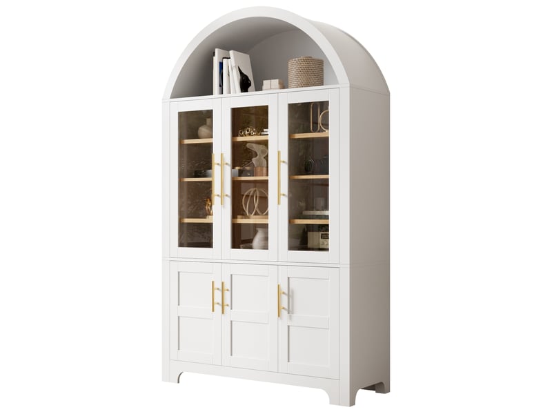  Buffet haut 110x40x185cm, 3 vitrines en verre, 3 compartiments fermés, étagères réglables, niche arrondie, mdf et panneaux de particules, blanc ABC - Conforama A