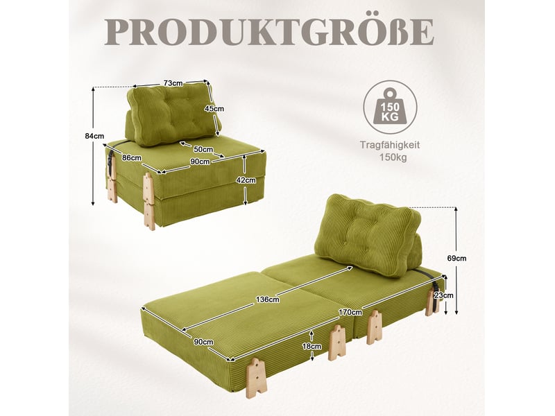  Fauteuil convertible 1 place 90 x 86 x 84 cm vert olive en velours côtelé, couchage déplié 90 x 170 cm  - Conforama C