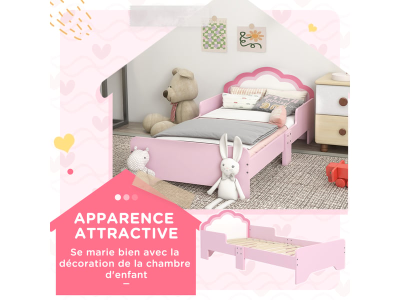  Lit enfant 140x70 rose design nuage, lit enfant 3 à 6 ans avec sommier à lattes  - Conforama R