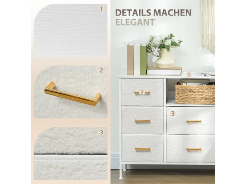  Commode crème 8 tiroirs en tissu avec cadre acier et multiprise, pour entrée, chambre et bureau  - Conforama D