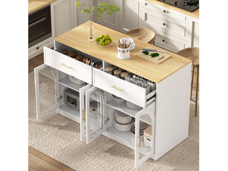  Desserte de cuisine led avec 2 tiroirs, étagères réglables et portes vitrées, en mdf, blanc, 135 × 55 × 91 cm  - Conforama B