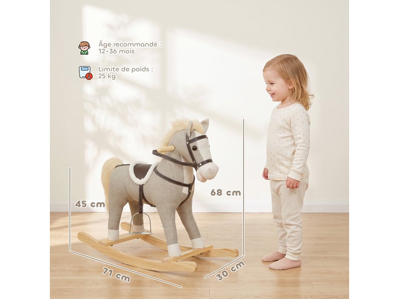  Bascule bébé - cheval à bascule effets sonores hennissement et galop selle étrier rênes gris  - Conforama C