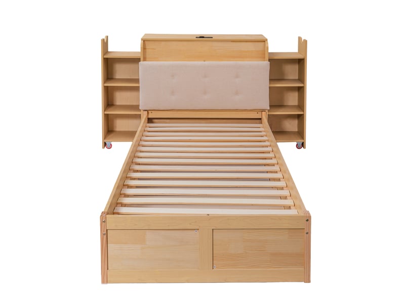 Lit gigogne 90x200 à 180x200 cm avec bibliothèque, bois et mdf naturel, sans matelas - Conforama R