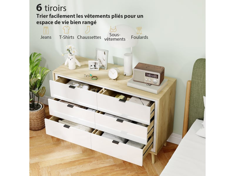  Commode 6 tiroirs, meuble de rangement à haute brillance, 5 pieds en bois, 110 x 40 x 75 cm, blanc et chêne  - Conforama D