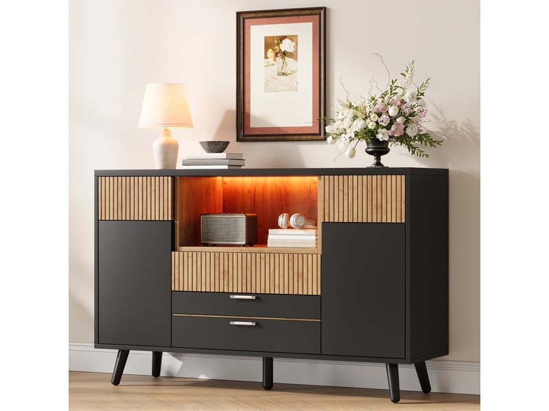 Buffet bas 130x38x85 cm avec 4 tiroirs, led rgb, rangements de porte, étagères réglables, façades rainurées, mdf effet bois naturel et noir  - Conforama B