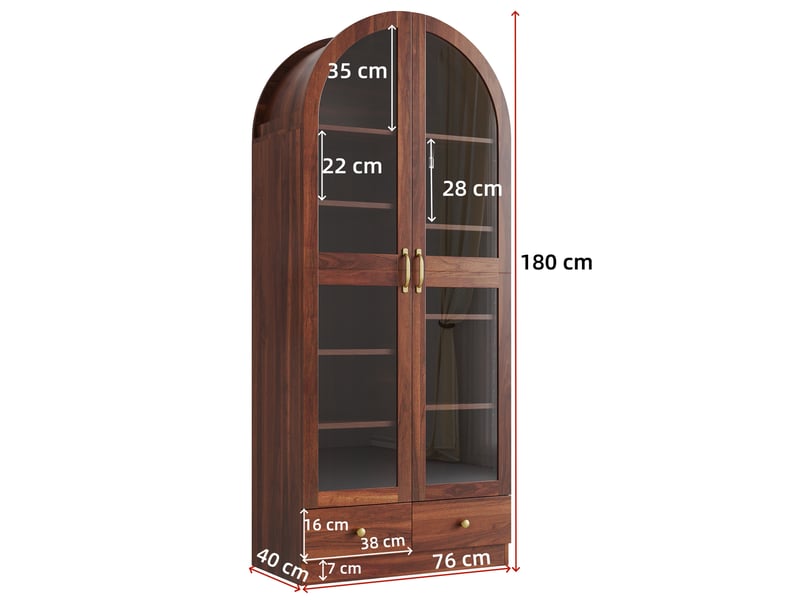  Vitrine arquée 76x40x180 cm noyer avec portes vitrées, rangement multi-niveaux et 2 tiroirs Fay Lum - Conforama C