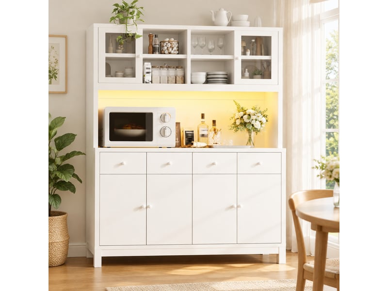  Buffet haut blanc en mdf, 140 x 38,5 x 180 cm, éclairage led rgb pilotable par application et 4 tiroirs  - Conforama C