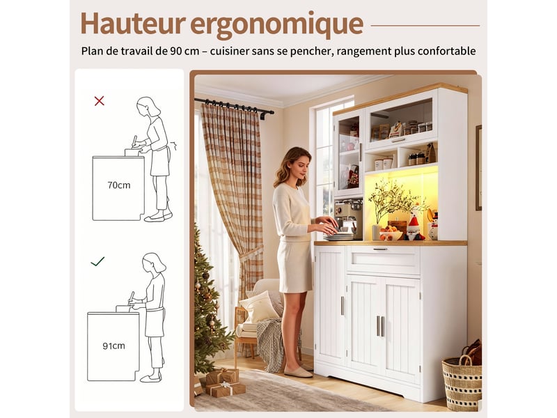  Meuble de cuisine muvano, buffet haut de cuisine avec vitrine, led, blanc, 104 × 40 × 180 cm  - Conforama B