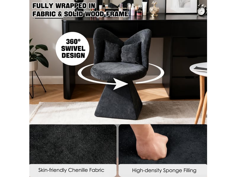  Chaise pivotante 360° sans accoudoirs pour coiffeuse et salle à manger en velours chenille noir, 52 × 52 × 46 cm  - Conforama E