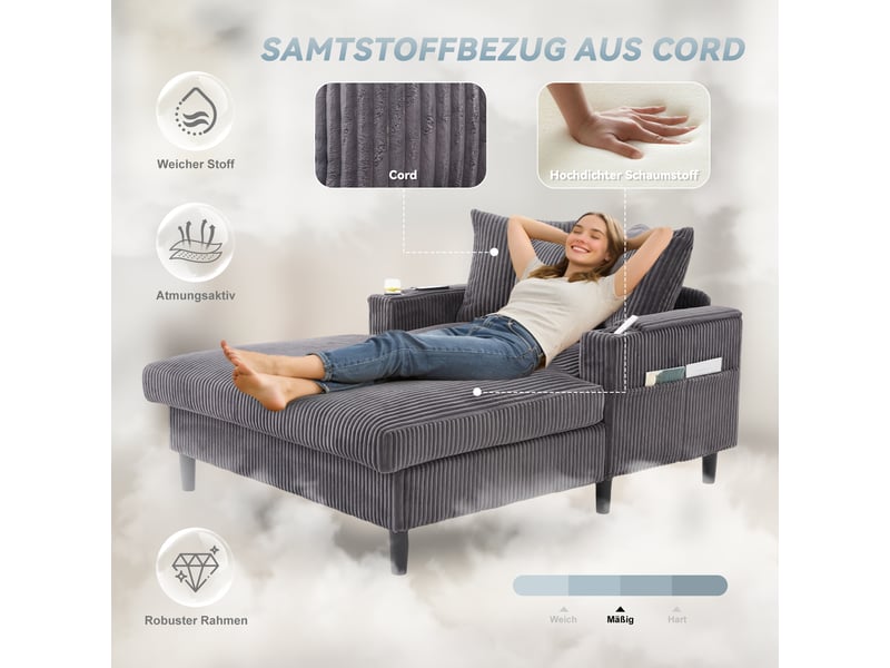 Canapé convertible 1 place en velours côtelé gris foncé avec led et range-boissons intégrés - Conforama D