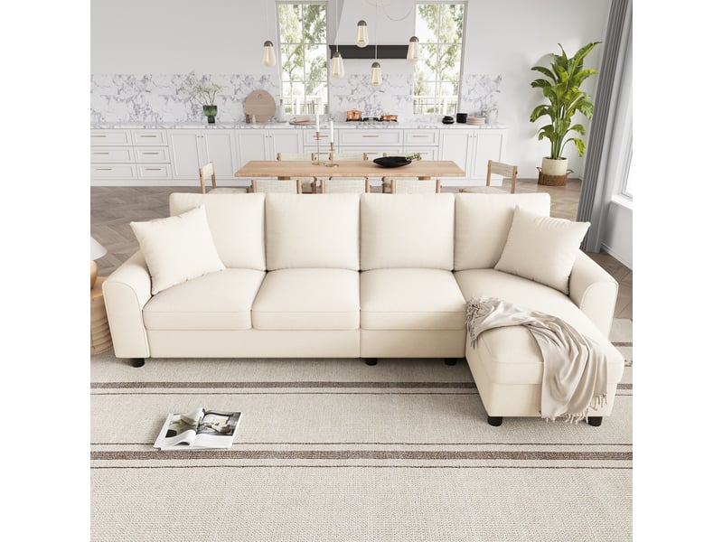 Canapé d'angle xxl 4 places l 280 cm en chenille - méridienne avec rangement - dossier rabattable - porte-gobelets - beige OPULERANE TRADING LTD - Conforama D