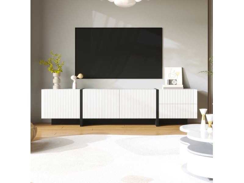  Meuble tv modenvie 190 x 35 x 45 cm 3 portes 2 tiroirs mdf et panneaux de particules blanc et noir  - Conforama D