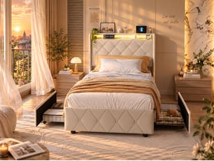 Lit 2 places 90x200 cm - avec éclairage led - tête de lit avec étagère - similicuir pu beige - sommier à lattes inclus
