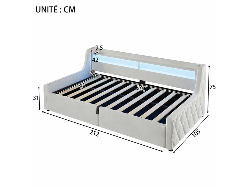  Lit coffre 90 x 200 cm en velours beige avec éclairage led multicolore, sans matelas  - Conforama C