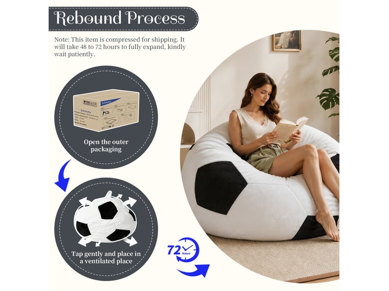  Pouf poire ballon de football grand format 130x90 cm – blanc et noir – assise moelleuse en tissu flanelle  - Conforama E