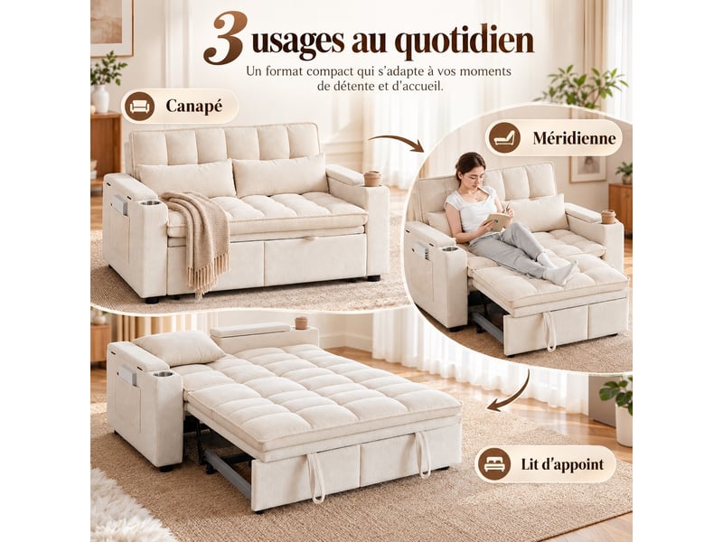 Canapé convertible 2 places 3-en-1 142 × 89 × 89 cm en chenille, rangements, poches latérales, 2 porte-gobelets, beige - Conforama D