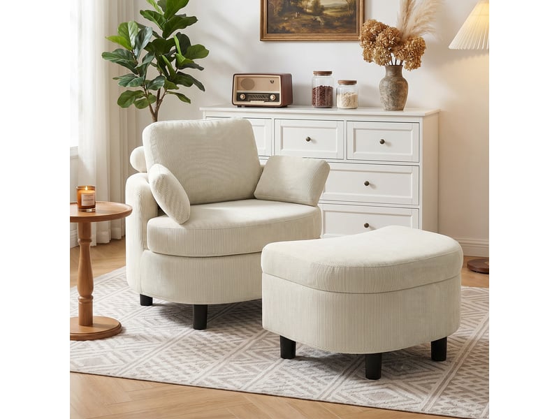 Fauteuil, chaise longue avec pouf de rangement, coussins blanc crème - Conforama D
